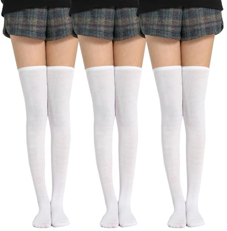 UILYNIU 3 Paires Femme Hautes Montantes Chaussettes Hautes pour Filles et Femmes, Chaussettes de Genoux Longues Cuisse pour Halloween Fête de Noël Usage Quotidien (Blanc)