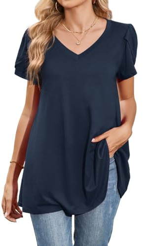 Enmain Chemisiers Femme Bleu Marine Manches Courtes Été Blouse Femme Chic et Élégant Grande Taille Col V Ample Chemisier Habillée Décontracté T-Shirt Fluide 4XL