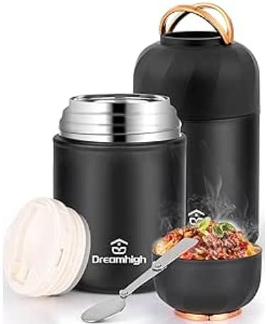 ZWOOS Termo Comida Caliente 850 ml, Recipiente Térmico para Comida con Asa, Frasco Acero Inoxidable fiambrera termica con Cuchara Plegable, para sopa, pasta (Negro-850ML)