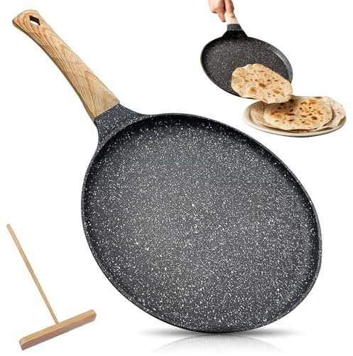 Yuragim Crepe Pfanne 24cm, Antihaftpfanne Omlettenpfanne Pfannkuchenpfanne, Bakelitegriff, Induktion Palatschinken,Flache Beschichtete Pfannkuchen, Pizza Bratpfanne Kompatibel Mit Allen Herdarten