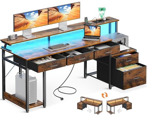 Coleshome Schreibtisch mit 5 Schubladen aus Stoff, 160x48cm Computertisch mit Monitorständer und LED-Leuchten, Reversibler Gaming Tisch mit Steckdose, Home Office Schreibtische, Braun