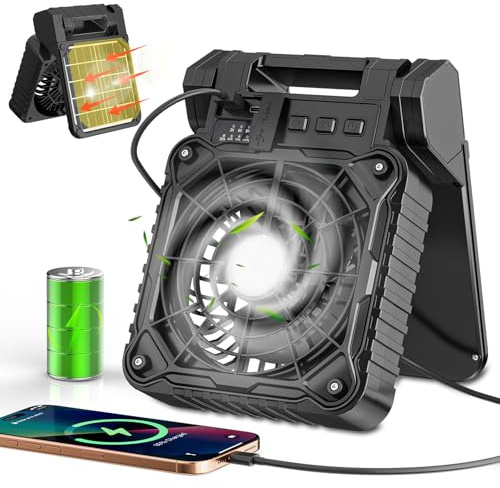 Solar Camping Fan 10400mAh, Solar Powered Fan with LED Lantern, 7W Rechargeable Battery Operated Fans for Outside, 4 Speeds, 2-8H Timer and Quiet Battery Powered Solar Tent Fans for Outdoor, Barbecue