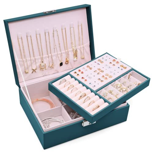Sciphylia Boîte à Bijoux Femme Verrouillable Organisateur de Bijoux 2 Couches Grande Capacité Boite de Rangement avec Plateau Amovible pour Bagues, Boucles d'oreilles, Colliers, Bracelets, Verte