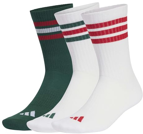 adidas Unisex 3STRIPES CUSHIONED SPORTSWEAR CREW SOCKS 3 PAIR PACK, team dark green/white/better scarlet, 2.5-4