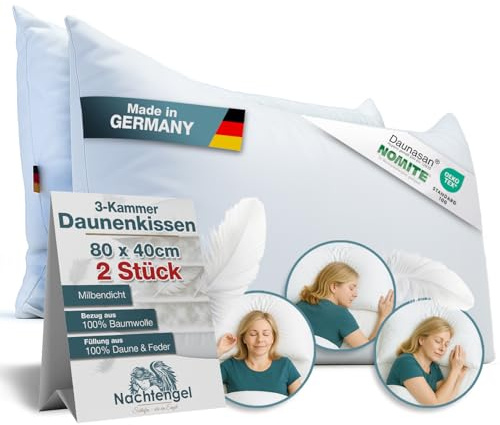 Nachtengel Cuscino in piuma 40 x 80 cm, cuscino a 3 camere in 100% piumino e piume, morbido cuscino per letto da hotel, prodotto in Germania, traspirante, per tutti i tipi di sonno (set da 2, bianco