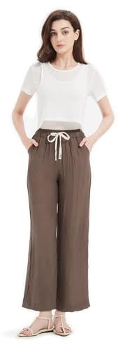 GLOWELFA Pantalon Large Fluide Femme Été Plissé Taille Haute Grande Taille avec Cordon | Tenue Légère Confortable Chic pour Vacances (G82101,TG,Marron)