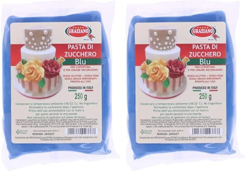 Graziano, Pasta di Zucchero Blu, Pasta Morbida ed Elastica Perfetta per la Copertura della Torta, facile da Stendere e da Colorare, Senza Glutine e Senza Grassi Idrogenati, 250 g (Confezione da 2)