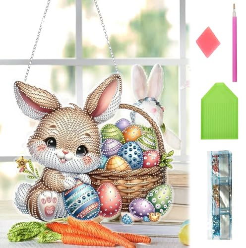 GOUYENG 5D Diamond Painting Pasqua Pendente,Coniglio Diamond Painting Kit,Pasqua Pittura Diamante Pendente,DIY Diamantini Crystal Art Pendentes,Decorazione per Giardino,Porta e Finestre