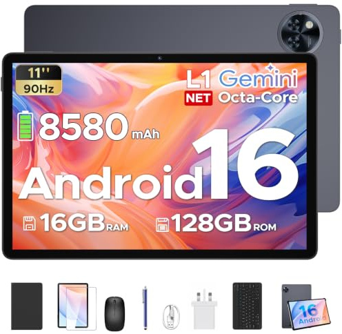 POPUX U11 Android 16 Tablet 11 Pulgadas con Teclado, 16GB+128GB/2TB Tableta con Lápiz, 8580mAh Gemini AI Tablet para Niños Octa Core, Widevine L1/13MP+5MP/5G WiFi/GMS/Face ID Tablets Grande con Ratón