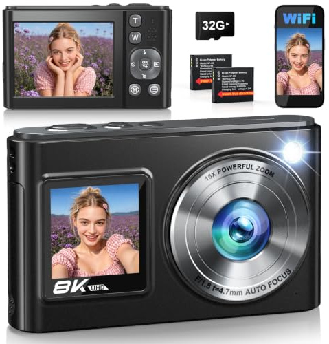 Appareil Photo numérique WiFi 8K 96MP 2026, vlogging Youtube à Double écran, autofocus Anti-Vibration, Zoom 8X, Appareil Photo Compact de Voyage avec Carte 32 Go et 2 Batteries 1050 mAh