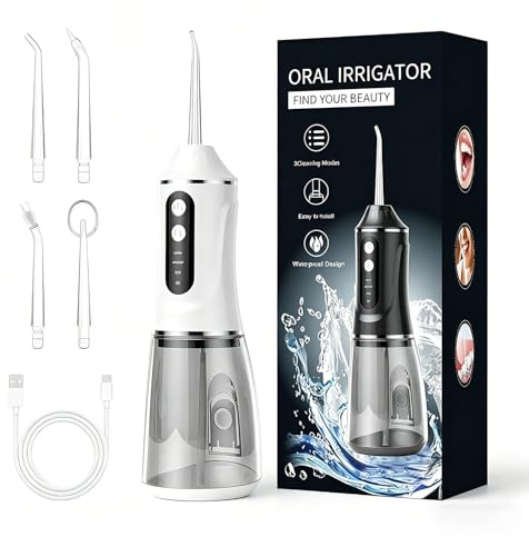 Idropulsore Dentale Portatile, Irrigatore Orale Senza Fili Impermeabile IPX7 con 3 Modalità e 4 Ugelli, Serbatoio da 380ml, Tecnologia a Impulsi e Grande Autonomia per Uso Domestico e Viaggi