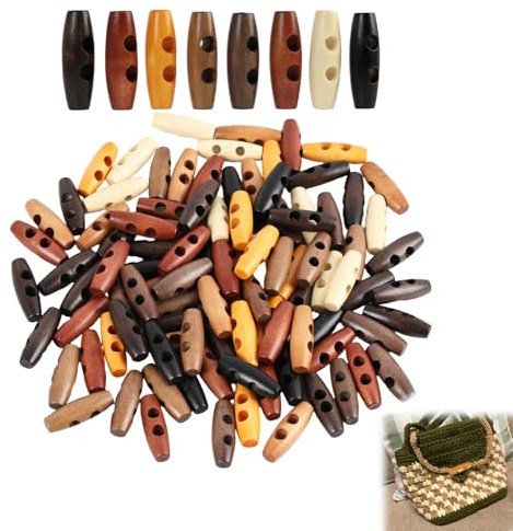 100Pcs Boutons Bascule en Bois Ovale Forme Corne, 8 Couleurs Naturelles, Boutons à Bascule en Bois 2 Trous Boutons, Accessoires DIY pour Manteaux, Cardigans, Pulls, Vestes et Sacs