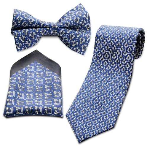 THE MASONIC COLLECTION – Cravate, nœud papillon et Mouchoir 100% – Équerre et Compas – Un cadeau maçonnique idéal pour homme