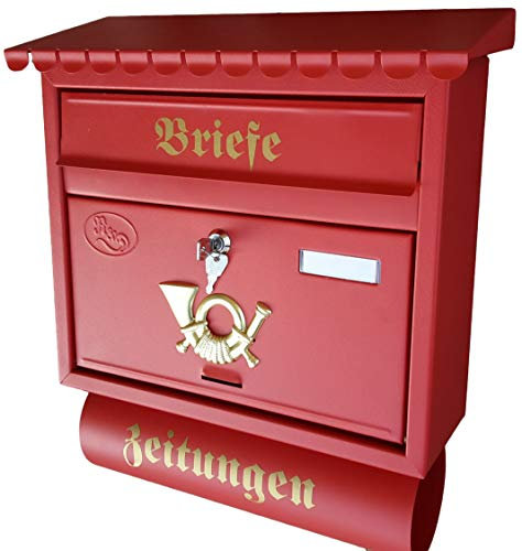 Großer Briefkasten/Postkasten XXL Rot matt mit Zeitungsrolle Flachdach Katalogeinwurf Zeitungsfach + Montagematerial