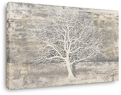 Yihui Arts Tree Of Life Canvas Wall Art Hand Painted Grey White Beige Paintings Modern Abstract Forest Pictures Artwork for Living Room Bedroom Office Decoration