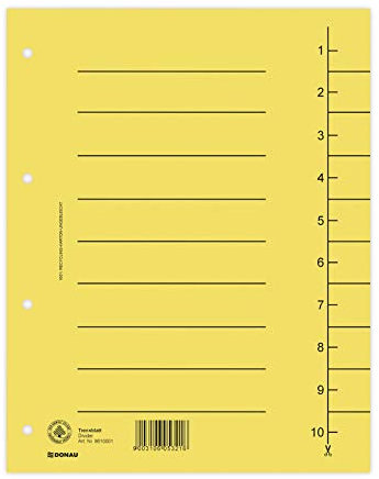 DONAU 8610001-11 100er Pack Trennblätter, Farbe: Gelb/ Karton-Register überbreit Aus Recycling-Karton 250 g/qm mit Linienaufdruck für DIN A4 4-Fach Lochung Trennlaschen Trennblätter Ordner Register