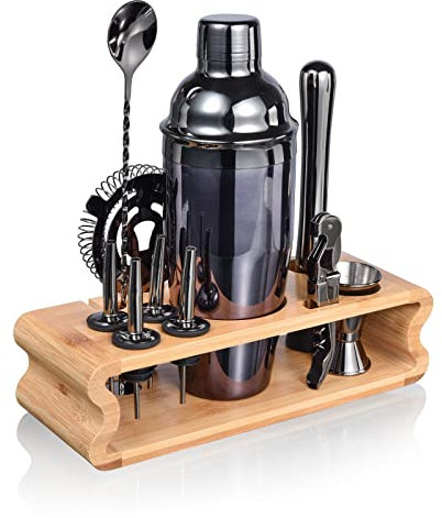 Esmula Kit de barman 12 pièces avec support en bambou, ensemble shaker à cocktail de 708,7 g pour boissons mixtes, ensemble d'outils de bar professionnels avec livret de recettes de cocktails, cadeau