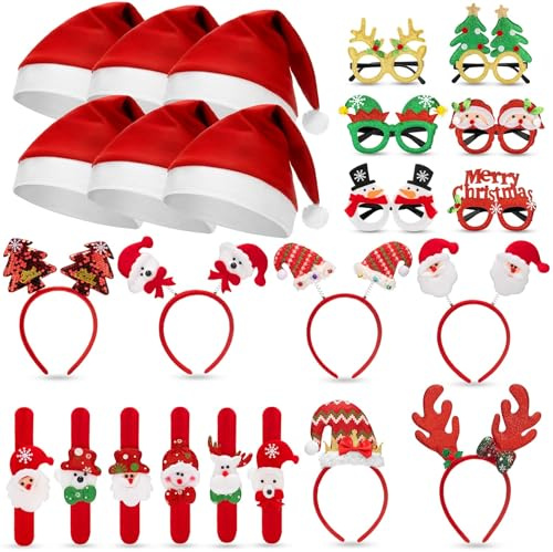 HIKUIBU 24 Pcs Christmas Glasses Headbands Hats Kids Wristbands, Cute Hair Hoop Eyeglasses Christmas Decorations, Santa Hats Photo Props for Xmas Holiday Party Favors