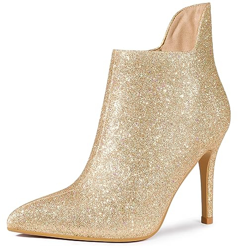 Allegra K Women Sparkly Glitter Pointed Toe Cutout Stiletto Ankle Boots | ABS heel. Zip closure. Non-shedding material. 3 3/4 inch heel height. Pointed toe. Cutout design. Stiletto heel