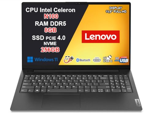 Lenovo V15 G6 Notebook Intel N100 fino a 3.4GHz 8GB DDR5 RAM 4800MHz 256GB SSD PCIe 4.0 15.6 Full HD WiFi 6 Bluetooth 5.2 RJ45 HDMI USB-C Webcam Privacy Shutter Windows 11 Pro 2 Anni Garanzia Nero