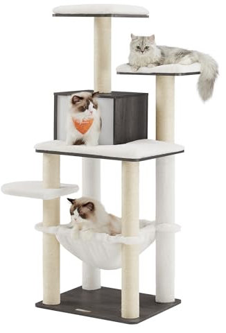 Feandrea Kratzbaum, 138 cm Katzenbaum, modern, mehrstöckiger Katzenkratzbaum, Kuschelhöhle, Sisalstämme, Hängematte, Plattformen, weicher Plüsch, waschbare Kissen, nebelgrau PCT164G02