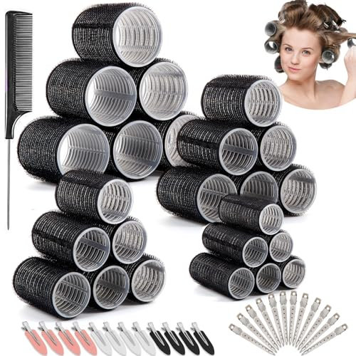 Aotfusd 49 Stück Lockenwickler Set, Locken Ohne Hitze, Große Lockenwickler Kleine DIY Selbsthaftend Hair Rollers mit 24 Stücke Haar Klammer für Lange Mittlere Kurze Salon 60/45 /36/25mm (Schwarz)