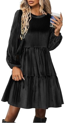 Zeagoo Damklänningar, långärmad, elegant sammetsklänning, rund hals, volang, A-linje, hög midja, fritidsklänningar, vinterklänning med fickor, svart, XL