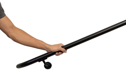 Complete Aluminum Handrail KIT for Indoor/Outdoor – Stylish Round Shape with Curved Ends. Includes Wall Mounts, Hardware, Ergonomic 1-3/8 Dia, ADA Returns (Black Textured, 3' Length)