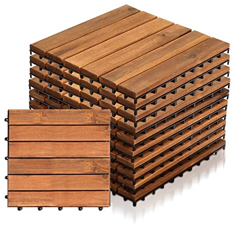 Eulenke Lot de 11 dalles en bois de 1 m² - 30 x 30 cm - Pour sol de balcon - Résistant aux intempéries - 6 lattes en bois d'acacia - Pour terrasses, balcons, jardins