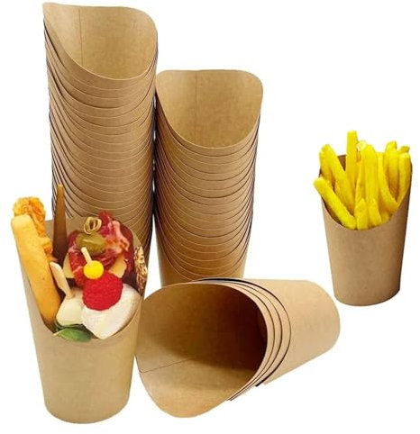 YANGWEN 40 Piezas Cajas para Papas Fritas, 16Oz Envases Aperitivos Vasos Papel Kraft, Tazas de Charcutería, Soporte para Patatas Fritas Kraft,para Charcutería Bocadill Gofre Palomitas Postre Helado