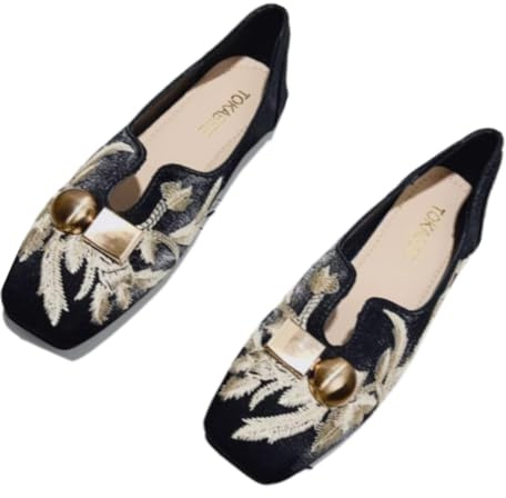 Chinese Slippers for Women Embroidered Loafers Slip on - Soft Trendy Retro Cute Casual Comfortable Walking Beach Travel Lightweight Running Standing All Day Business Office Driving Birthday Gifts (Black,4)
