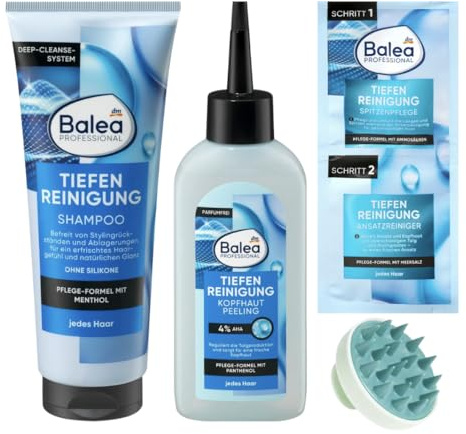 Balea Tiefenreinigung 3er Pack - Shampoo (250 ml)+Kopfhautpflege Peeling (150 ml) + Spitzenpflege & Ansatzreiniger (2x8 ml) + Kopfhaut Massagebürste