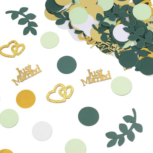 Luxoraiova Just Married Deko Hochzeit Tischdeko Herzen Deko Konfetti Groß, 100 Stk Glitzer Streudeko Hochzeit Grün Gold, Vintage Hochzeitsdeko Set Tischdekoration Geschenk für Hochzeiten Wedding