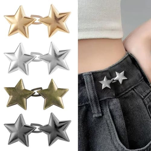 4 par midjeklämmor, byxklämmor för att dra åt midjan. Justerbara stjärnklämmor för midja. Ingen sömnad krävs. Klädtillbehör för lösa jeans, kjolar, ärmar (4 färger)