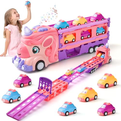 LTFIOON Billeksak barnleksak från 2–6 år, enhörning transport, lastbil, biltransportör med 6 leksaksbilar, ljus och musik, leksakslastbilar, från 2 år (A)