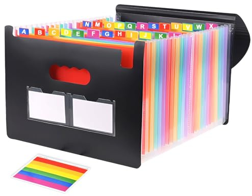 JINGIHE Carpeta de documentos A4 con 25 compartimentos, carpeta clasificadora colorida, organizador de archivos, acordeón arcoíris con etiquetas, carpeta A4, gran capacidad, resistente al agua, para