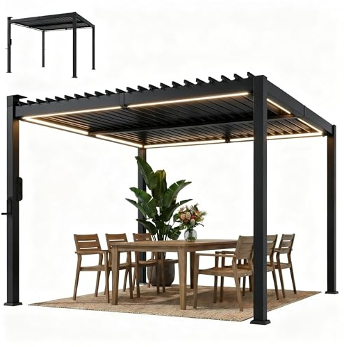 Outsunny Pergola Bioclimatique 3x3m Lumières LED Toit Métallique Noir
