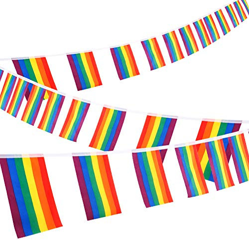 Whaline 30ft Rainbow String Bunting Banner, Gay Pride Flags, Rectangle Colorful Stripes Indoor/Outdoor for LGBT Festival Party Celebration Carnival Home Bars, 38 Pcs