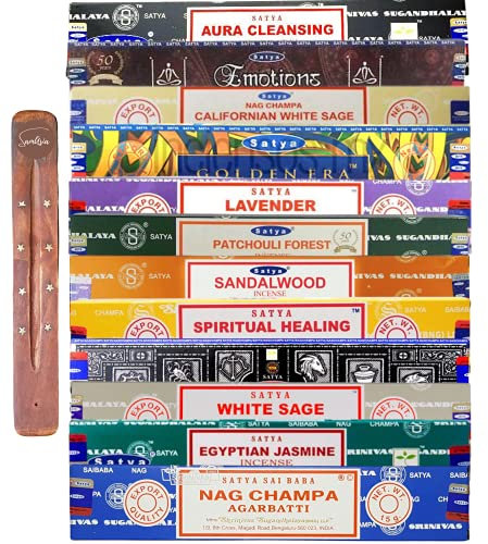 Satya Nag Champa Incense Sticks | 12 unique and premium flavours | with SAMASIA incense stick holder for Aromatherapy, Incense Spa, Yoga, Meditation, Healing, Spirituality and Relaxation