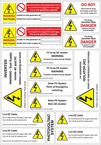 Solar PV System Installation Warning Label Set - A4 Sheet - Price per Pack of 160 Labels (11 Designs / 10 Sheets per Pack) (P/NO. 7828187)