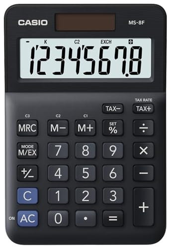 Casio Calculadora MS-8F, 8 Dígitos, Cálculo de Impuestos, Conversión de Moneda, Cambio de Signo, Energía Solar/Batería