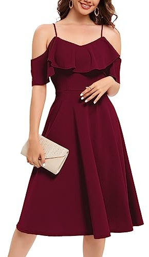 Vestido Elegante Delantal de Verano con Hombros Descubiertos para Mujer con Volantes Midilang Fiesta Festiva Vestido de cóctel Vestido de Playa Casual Burgundy XL