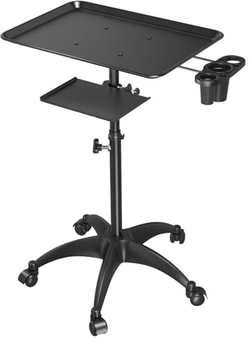 Plateau de salon avec plate-forme de rangement, plateau de tatouage en aluminium avec roulettes, hauteur réglable, plateau de rangement pour équipement de salon et spa, noir