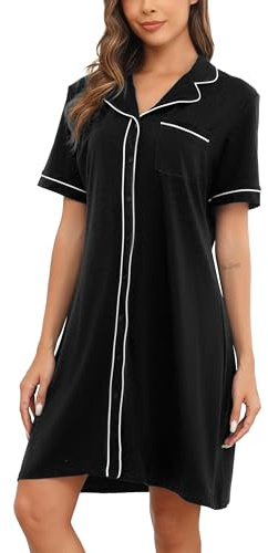 Wikoan Camicie da Notte Donna in Cotone, Camicia da Notte Allattamento Scollo a V Camicie Corta Bottoni Davanti Camicie da Notte Donna,Nero,S
