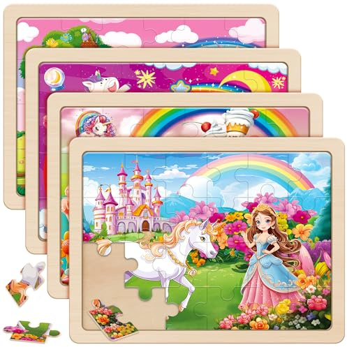 SYNARRY Large Unicorn Princess Fairy Wooden Puzzles for Girls Gift Box(12.2 * 9.4 in), 24 Pcs Puzzles for Kids Ages 4-6, Wood Puzzles for Kids Ages 3-5, Easter Basket Stuffers Gifts for Kids