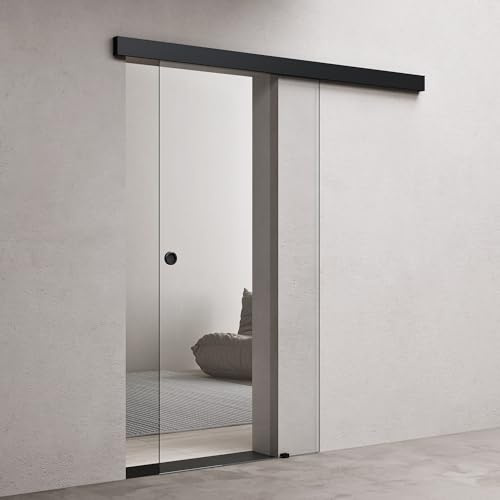 doporro Glasschiebetür Komplettset Softclose 77,5 x 205cm | 15mm Wandabstand | Schiebetür mit ESG-Sicherheitsglas | Zimmertür Glas Klarglas und Schwarz Muschelgriff | Amalfi-plus 19