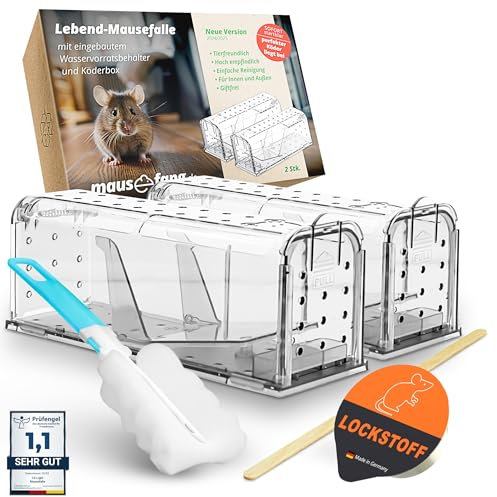 Fairfield Lebend Mausefalle [2er Set] - tierfreundlich - hochempfindl. Mäusefalle inkl. Futter zum anlocken - mit Wasserbehälter - wiederverwendb. Lebendfalle Maus - extra Luftlöcher - Schwanzschutz