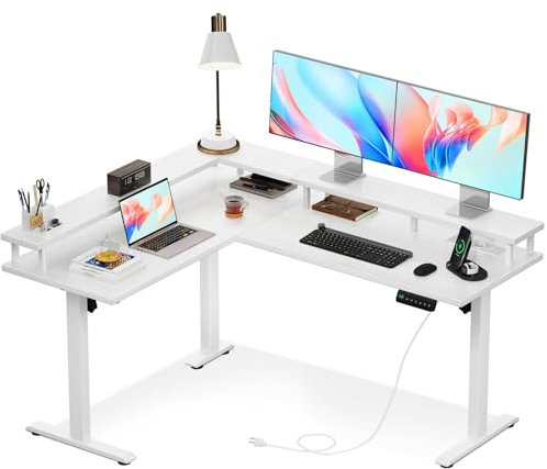 OffiGo Eckschreibtisch Höhenverstellbar, 150x120cm Schreibtisch Höhenverstellbar mit Steckdose, Elektrischer Schreibtisch L Form mit Monitorständer, Weiß