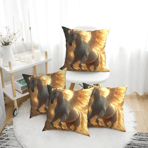 VOSERY Juego de 4 fundas de cojín de caballo blanco con alas doradas de 18 x 18 pulgadas, fundas de almohada decorativas para sofá, cama, sala de estar, casa de campo, funda de cojín suave