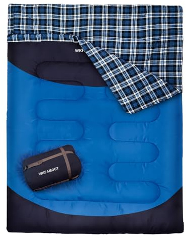 WKFAMOUT Cotton Flannel Double Sleeping Bag for Adults Machine Washable 2 Person Camping Sleeping Bag Queen Size Waterproof with Compression Sack for Cold Weather 3-4 Seasons